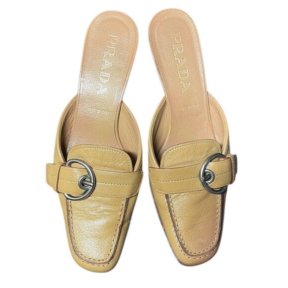 Vintage PRADA 2000’s Tan Pumps Kitten Heels Mules Size 36.5 Y2k Buckle - Picture 5 of 16